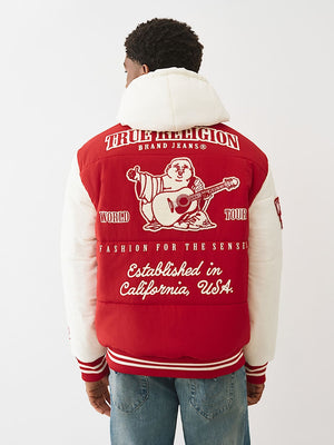TRUE RELIGION JACKET VARSITY HOODED PUFFER RED-WINTER WHITE