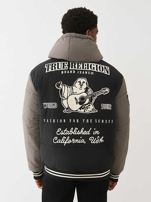 TRUE RELIGION JACKET VARSITY HOODED PUFFER JET BLACK-GRANITE GREY