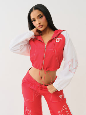 True Religion Big T Nylon Shrunkn Zip Hoodie Flame Scarlet-Optic White-True Religion