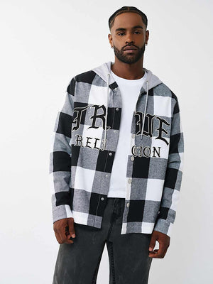 TRUE RELIGION SHIRT HOODED FLANNEL BLACK-WHITE