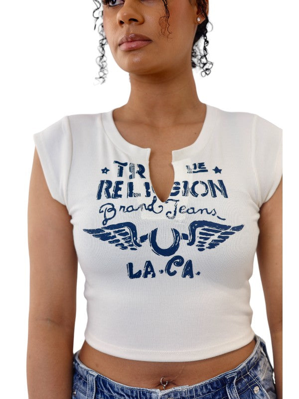 True Religion T-Shirt Ladies V Notch Winter White