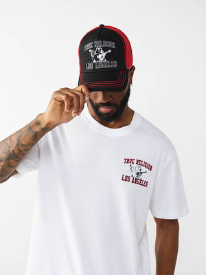 TRUE RELIGION CAP CRYSTAL TR BUDHHA TRUCKER JET BLACK-TRV RED