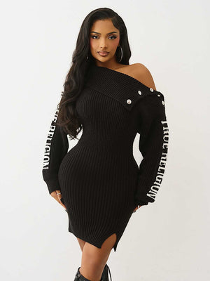 TRUE RELIGION DRESS BRANDED OFF SHOULDER JET BLACK