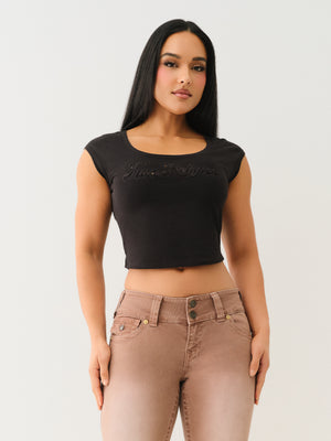 True Religion Lace Cap Scoop Neck Tee Jet Black-True Religion