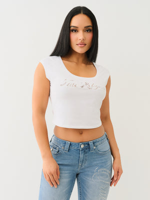 True Religion Lace Cap Scoop Neck Tee Optic White-True Religion