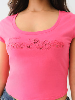 True Religion Lace Cap Scoop Neck Tee Raspberry-True Religion