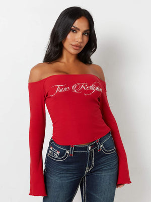 True Religion Crew Off The Shoulder Rib Top Apple Red-True Religion