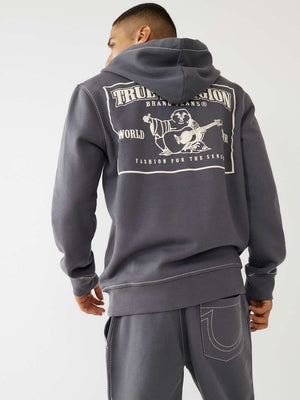 True Religion Sweater Big T Zip Up Hoodie Iron Gate/Winter White-True Religion