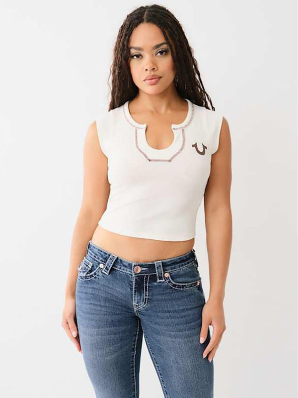 True Religion Horseshoe T-Shirt Notch Crop White