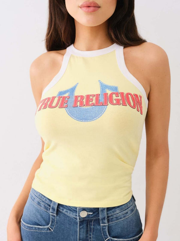 True Religion Denim Applique Tank Halter Lemon Meringue-Optic White