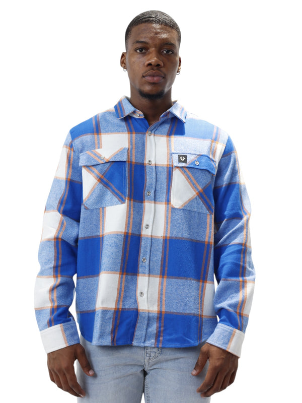 True Religion Triple Needle Plaid Shirt Imperial Blue-Winter White