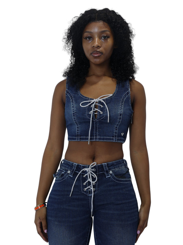 True Religion Crystal Tank Lace Up Denim Love In A Mist