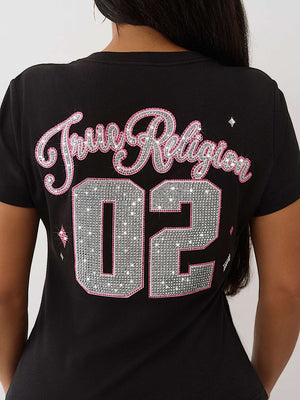True Religion T-Shirt Sporty Crystal V Neck Jet Black
