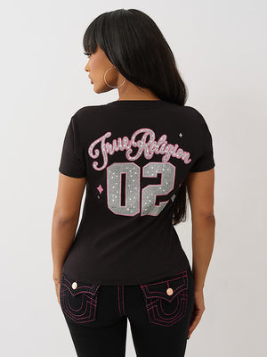 True Religion T-Shirt Sporty Crystal V Neck Jet Black