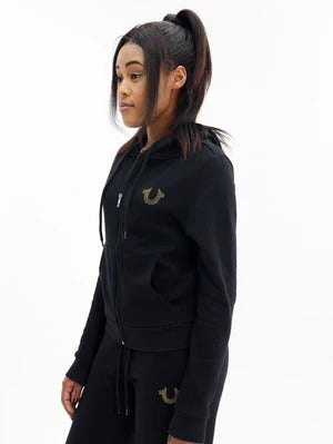 True Religion Hoodie Wing Velour Zip Jet Black