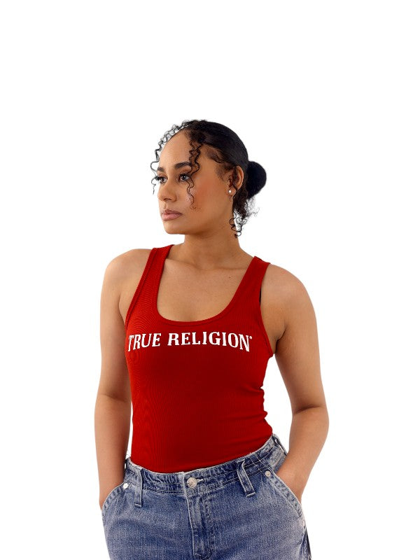 True Religion Tank T-Shirt Arched Logo Red Dahlia