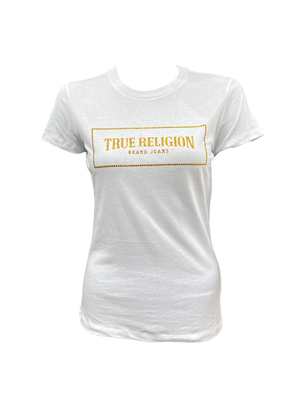 True Religion T-Shirt Ladies Crystal Box Arched Logo Slim Optic White
