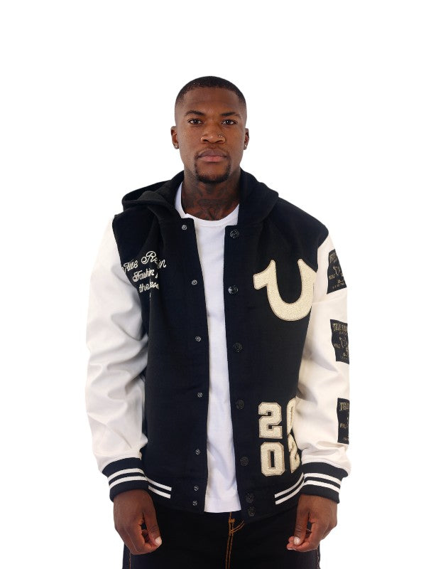 True Religion Varsity Jacket Hooded Jet Black-White